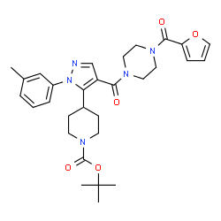 ChemSpider 2D Image | 2-Methyl-2-propanyl 4-[4-{[4-(2-furoyl)-1-piperazinyl]carbonyl}-1-(3-methylphenyl)-1H-pyrazol-5-yl]-1-piperidinecarboxylate | C30H37N5O5