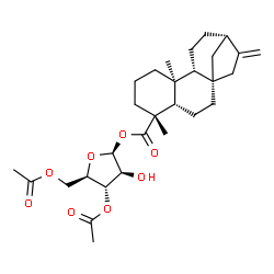 ChemSpider 2D Image | 3,5-Di-O-acetyl-1-O-[(5beta,8alpha,9beta,10alpha)-18-oxokaur-16-en-18-yl]-beta-D-arabinofuranose | C29H42O8