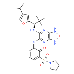 ChemSpider 2D Image | (6Z)-6-[(6-{[(1R)-1-(4-Isopropyl-2-furyl)-2,2-dimethylpropyl]amino}-1,3-dihydro[1,2,5]oxadiazolo[3,4-b]pyrazin-5-yl)imino]-2-(1-pyrrolidinylsulfonyl)-2,4-cyclohexadien-1-one | C26H33N7O5S