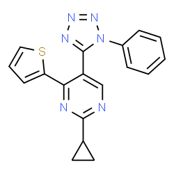 ChemSpider 2D Image | 2-Cyclopropyl-5-(1-phenyl-1H-tetrazol-5-yl)-4-(2-thienyl)pyrimidine | C18H14N6S
