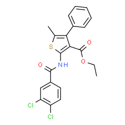 ChemSpider 2D Image | Ethyl 2-[(3,4-dichlorobenzoyl)amino]-5-methyl-4-phenyl-3-thiophenecarboxylate | C21H17Cl2NO3S