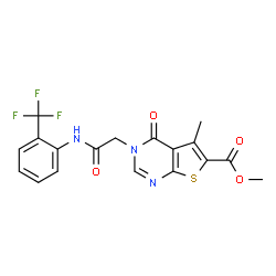 ChemSpider 2D Image | Methyl 5-methyl-4-oxo-3-(2-oxo-2-{[2-(trifluoromethyl)phenyl]amino}ethyl)-3,4-dihydrothieno[2,3-d]pyrimidine-6-carboxylate | C18H14F3N3O4S