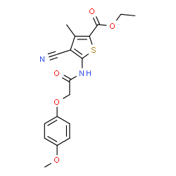 ChemSpider 2D Image | Ethyl 4-cyano-5-{[(4-methoxyphenoxy)acetyl]amino}-3-methyl-2-thiophenecarboxylate | C18H18N2O5S