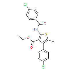 ChemSpider 2D Image | Ethyl 2-[(4-chlorobenzoyl)amino]-4-(4-chlorophenyl)-5-methyl-3-thiophenecarboxylate | C21H17Cl2NO3S