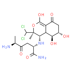ChemSpider 2D Image | (5S)-5-Amino-N~2~-[(3S,4S,5S,6S)-3-(dichloromethyl)-1,5,6-trihydroxy-3-methyl-8-oxo-4,4a,5,6,7,8-hexahydro-3H-isochromen-4-yl]-4-oxo-L-norleucinamide | C17H25Cl2N3O7