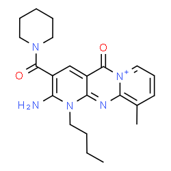 ChemSpider 2D Image | 2-Amino-1-butyl-10-methyl-5-oxo-3-(1-piperidinylcarbonyl)-1,5-dihydrodipyrido[1,2-a:2',3'-d]pyrimidin-6-ium | C22H28N5O2