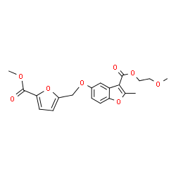 ChemSpider 2D Image | 2-Methoxyethyl 5-{[5-(methoxycarbonyl)-2-furyl]methoxy}-2-methyl-1-benzofuran-3-carboxylate | C20H20O8