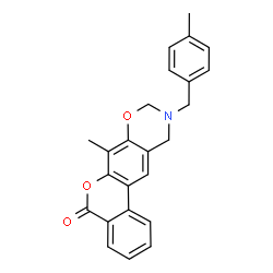 ChemSpider 2D Image | 7-Methyl-10-(4-methylbenzyl)-10,11-dihydro-5H,9H-benzo[3,4]chromeno[6,7-e][1,3]oxazin-5-one | C24H21NO3