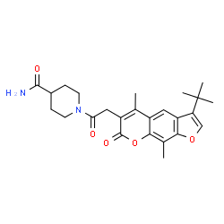 ChemSpider 2D Image | 1-{[5,9-Dimethyl-3-(2-methyl-2-propanyl)-7-oxo-7H-furo[3,2-g]chromen-6-yl]acetyl}-4-piperidinecarboxamide | C25H30N2O5