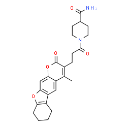 ChemSpider 2D Image | 1-[3-(4-Methyl-2-oxo-6,7,8,9-tetrahydro-2H-[1]benzofuro[3,2-g]chromen-3-yl)propanoyl]-4-piperidinecarboxamide | C25H28N2O5