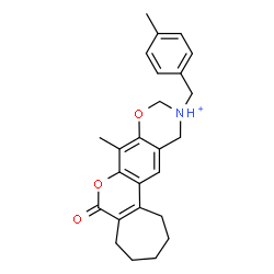 ChemSpider 2D Image | 8-Methyl-11-(4-methylbenzyl)-6-oxo-1,2,3,4,5,6,11,12-octahydro-10H-cyclohepta[3,4]chromeno[6,7-e][1,3]oxazin-11-ium | C25H28NO3