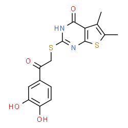 ChemSpider 2D Image | 2-{[2-(3,4-Dihydroxyphenyl)-2-oxoethyl]sulfanyl}-5,6-dimethylthieno[2,3-d]pyrimidin-4(3H)-one | C16H14N2O4S2