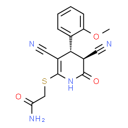 ChemSpider 2D Image | 2-{[(4S,5S)-3,5-Dicyano-4-(2-methoxyphenyl)-6-oxo-1,4,5,6-tetrahydro-2-pyridinyl]sulfanyl}acetamide | C16H14N4O3S