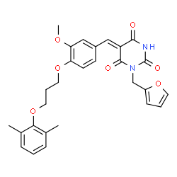 ChemSpider 2D Image | (5Z)-5-{4-[3-(2,6-Dimethylphenoxy)propoxy]-3-methoxybenzylidene}-1-(2-furylmethyl)-2,4,6(1H,3H,5H)-pyrimidinetrione | C28H28N2O7