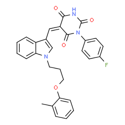 ChemSpider 2D Image | (5Z)-1-(4-Fluorophenyl)-5-({1-[3-(2-methylphenoxy)propyl]-1H-indol-3-yl}methylene)-2,4,6(1H,3H,5H)-pyrimidinetrione | C29H24FN3O4