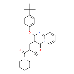 ChemSpider 2D Image | (2E)-3-[2-(4-tert-Butylphenoxy)-9-methyl-4-oxo-4H-pyrido[1,2-a]pyrimidin-3-yl]-2-(piperidin-1-ylcarbonyl)acrylonitrile | C28H30N4O3