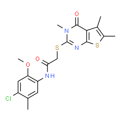 ChemSpider 2D Image | N-(4-Chloro-2-methoxy-5-methylphenyl)-2-[(3,5,6-trimethyl-4-oxo-3,4-dihydrothieno[2,3-d]pyrimidin-2-yl)sulfanyl]acetamide | C19H20ClN3O3S2