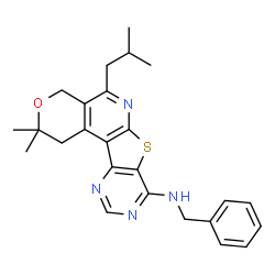ChemSpider 2D Image | N-Benzyl-5-isobutyl-2,2-dimethyl-1,4-dihydro-2H-pyrano[4'',3'':4',5']pyrido[3',2':4,5]thieno[3,2-d]pyrimidin-8-amine | C25H28N4OS