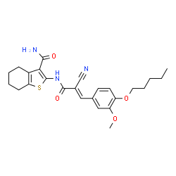 ChemSpider 2D Image | 2-({(2E)-2-Cyano-3-[3-methoxy-4-(pentyloxy)phenyl]-2-propenoyl}amino)-4,5,6,7-tetrahydro-1-benzothiophene-3-carboxamide | C25H29N3O4S