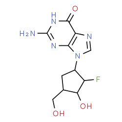 ChemSpider 2D Image | 2-amino-9-[2-fluoro-3-hydroxy-4-(hydroxymethyl)cyclopentyl]-9H-purin-6-ol | C11H14FN5O3