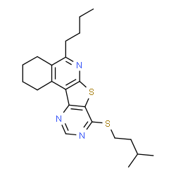 ChemSpider 2D Image | 5-Butyl-8-[(3-methylbutyl)sulfanyl]-1,2,3,4-tetrahydropyrimido[4',5':4,5]thieno[2,3-c]isoquinoline | C22H29N3S2