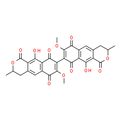 ChemSpider 2D Image | 10,10'-Dihydroxy-7,7'-dimethoxy-3,3'-dimethyl-3,3',4,4'-tetrahydro-1H,1'H-8,8'-bibenzo[g]isochromene-1,1',6,6',9,9'-hexone | C30H22O12