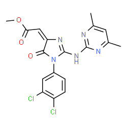 ChemSpider 2D Image | Methyl (2E)-{1-(3,4-dichlorophenyl)-2-[(4,6-dimethyl-2-pyrimidinyl)amino]-5-oxo-1,5-dihydro-4H-imidazol-4-ylidene}acetate | C18H15Cl2N5O3
