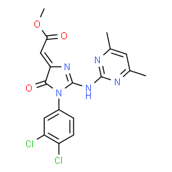 ChemSpider 2D Image | Methyl (2Z)-{1-(3,4-dichlorophenyl)-2-[(4,6-dimethyl-2-pyrimidinyl)amino]-5-oxo-1,5-dihydro-4H-imidazol-4-ylidene}acetate | C18H15Cl2N5O3