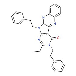 ChemSpider 2D Image | 2-Ethyl-3,11-bis(2-phenylethyl)-3,11-dihydro-4H-pyrimido[5',4':4,5]pyrrolo[2,3-b]quinoxalin-4-one | C30H27N5O