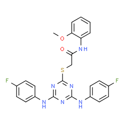 ChemSpider 2D Image | 2-({4,6-Bis[(4-fluorophenyl)amino]-1,3,5-triazin-2-yl}sulfanyl)-N-(2-methoxyphenyl)acetamide | C24H20F2N6O2S