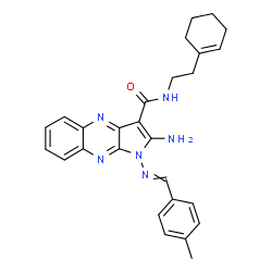 ChemSpider 2D Image | 2-Amino-N-[2-(1-cyclohexen-1-yl)ethyl]-1-[(4-methylbenzylidene)amino]-1H-pyrrolo[2,3-b]quinoxaline-3-carboxamide | C27H28N6O