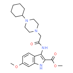 ChemSpider 2D Image | Methyl 3-{[(4-cyclohexyl-1-piperazinyl)acetyl]amino}-6-methoxy-1H-indole-2-carboxylate | C23H32N4O4