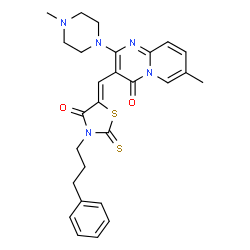 ChemSpider 2D Image | 7-Methyl-2-(4-methyl-1-piperazinyl)-3-{(Z)-[4-oxo-3-(3-phenylpropyl)-2-thioxo-1,3-thiazolidin-5-ylidene]methyl}-4H-pyrido[1,2-a]pyrimidin-4-one | C27H29N5O2S2