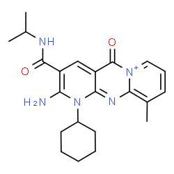 ChemSpider 2D Image | 2-Amino-1-cyclohexyl-3-(isopropylcarbamoyl)-10-methyl-5-oxo-1,5-dihydrodipyrido[1,2-a:2',3'-d]pyrimidin-6-ium | C22H28N5O2