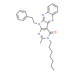 ChemSpider 2D Image | 3-Heptyl-2-methyl-11-(2-phenylethyl)-3,11-dihydro-4H-pyrimido[5',4':4,5]pyrrolo[2,3-b]quinoxalin-4-one | C28H31N5O