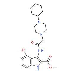 ChemSpider 2D Image | Methyl 3-{[(4-cyclohexyl-1-piperazinyl)acetyl]amino}-4-methoxy-1H-indole-2-carboxylate | C23H32N4O4