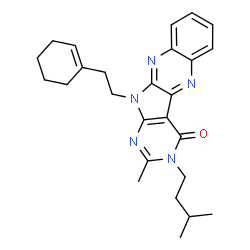 ChemSpider 2D Image | 11-[2-(1-Cyclohexen-1-yl)ethyl]-2-methyl-3-(3-methylbutyl)-3,11-dihydro-4H-pyrimido[5',4':4,5]pyrrolo[2,3-b]quinoxalin-4-one | C26H31N5O