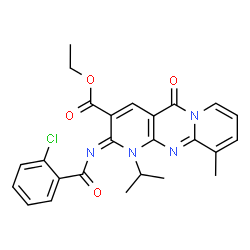 ChemSpider 2D Image | Ethyl (2Z)-2-[(2-chlorobenzoyl)imino]-1-isopropyl-10-methyl-5-oxo-1,5-dihydro-2H-dipyrido[1,2-a:2',3'-d]pyrimidine-3-carboxylate | C25H23ClN4O4
