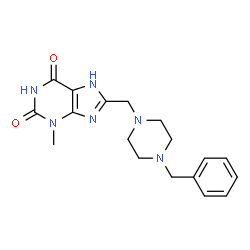 ChemSpider 2D Image | 8-[(4-Benzyl-1-piperazinyl)methyl]-3-methyl-3,7-dihydro-1H-purine-2,6-dione | C18H22N6O2