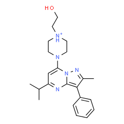 ChemSpider 2D Image | 1-(2-Hydroxyethyl)-4-(5-isopropyl-2-methyl-3-phenylpyrazolo[1,5-a]pyrimidin-7-yl)piperazin-1-ium | C22H30N5O