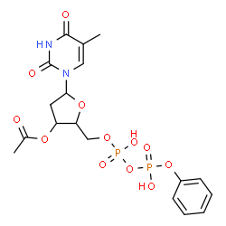ChemSpider 2D Image | 1-[3-O-Acetyl-2-deoxy-5-O-(hydroxy{[hydroxy(phenoxy)phosphoryl]oxy}phosphoryl)pentofuranosyl]-5-methyl-2,4(1H,3H)-pyrimidinedione | C18H22N2O12P2