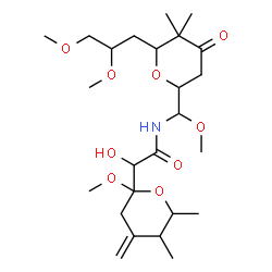ChemSpider 2D Image | N-{[6-(2,3-Dimethoxypropyl)-5,5-dimethyl-4-oxotetrahydro-2H-pyran-2-yl](methoxy)methyl}-2-hydroxy-2-(2-methoxy-5,6-dimethyl-4-methylenetetrahydro-2H-pyran-2-yl)acetamide | C25H43NO9