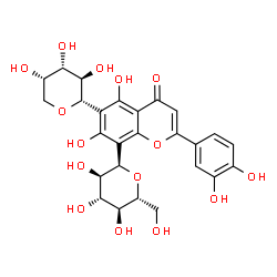 ChemSpider 2D Image | 2-(3,4-Dihydroxyphenyl)-5,7-dihydroxy-8-[(2R,3R,4R,5S,6R)-3,4,5-trihydroxy-6-(hydroxymethyl)tetrahydro-2H-pyran-2-yl]-6-[(2S,3R,4S,5S)-3,4,5-trihydroxytetrahydro-2H-pyran-2-yl]-4H-chromen-4-one (non-p
referred name) | C26H28O15
