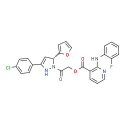 ChemSpider 2D Image | 2-[(5R)-3-(4-Chlorophenyl)-5-(2-furyl)-2,5-dihydro-1H-pyrazol-1-yl]-2-oxoethyl 2-[(2-fluorophenyl)amino]nicotinate | C27H20ClFN4O4