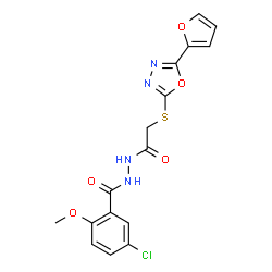 ChemSpider 2D Image | 5-Chloro-N'-({[5-(2-furyl)-1,3,4-oxadiazol-2-yl]sulfanyl}acetyl)-2-methoxybenzohydrazide | C16H13ClN4O5S