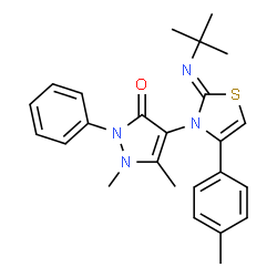 ChemSpider 2D Image | 4-[(2Z)-2-(tert-Butylimino)-4-(4-methylphenyl)-1,3-thiazol-3(2H)-yl]-1,5-dimethyl-2-phenyl-1,2-dihydro-3H-pyrazol-3-one | C25H28N4OS