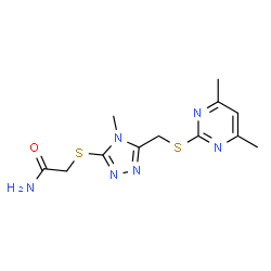 ChemSpider 2D Image | 2-[(5-{[(4,6-Dimethyl-2-pyrimidinyl)sulfanyl]methyl}-4-methyl-4H-1,2,4-triazol-3-yl)sulfanyl]acetamide | C12H16N6OS2
