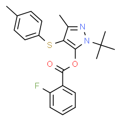ChemSpider 2D Image | 3-Methyl-4-[(4-methylphenyl)sulfanyl]-1-(2-methyl-2-propanyl)-1H-pyrazol-5-yl 2-fluorobenzoate | C22H23FN2O2S