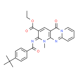 ChemSpider 2D Image | Ethyl (2Z)-2-[(4-tert-butylbenzoyl)imino]-1-methyl-5-oxo-1,5-dihydro-2H-dipyrido[1,2-a:2',3'-d]pyrimidine-3-carboxylate | C26H26N4O4