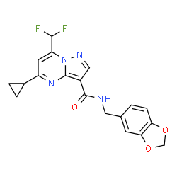 ChemSpider 2D Image | N-(1,3-Benzodioxol-5-ylmethyl)-5-cyclopropyl-7-(difluoromethyl)pyrazolo[1,5-a]pyrimidine-3-carboxamide | C19H16F2N4O3